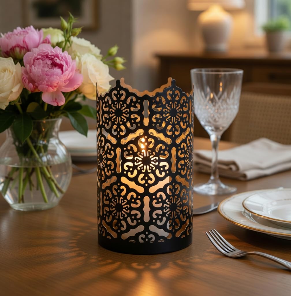 Hosley's Set of 2 Flower 7" High Cut Bronze Candle Holder & Lantern. Ideal for Use with Hosley Highly Scented Candles, Jar Candles. Can be Used as a Decorative Centerpiece in Your Living/Dining Room