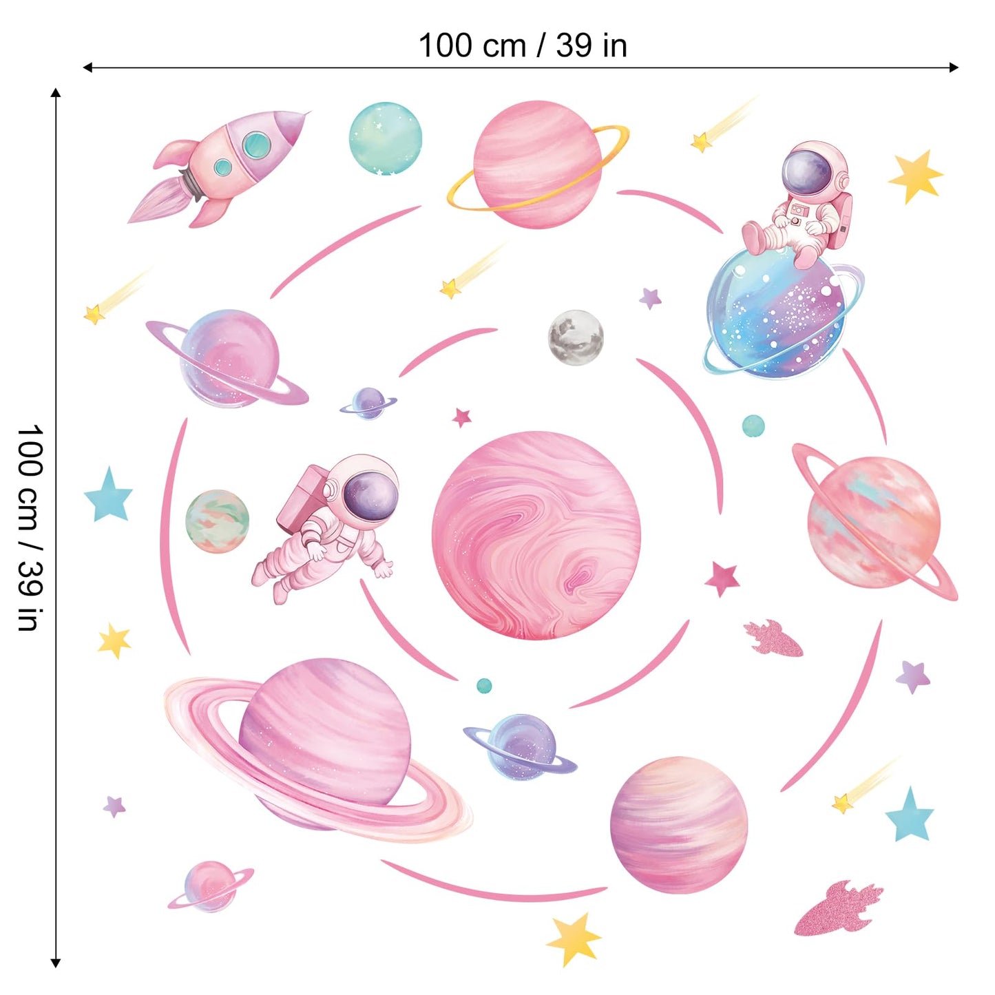fufuquare Pastel Pink Planet Orbits Wall Decals, Fantasy Outer Space Themed Wall Stickers with Rocket Astronaut and Stars for Kid's Bedroom, Nursery, Playoom, Peel and Stick Reusable