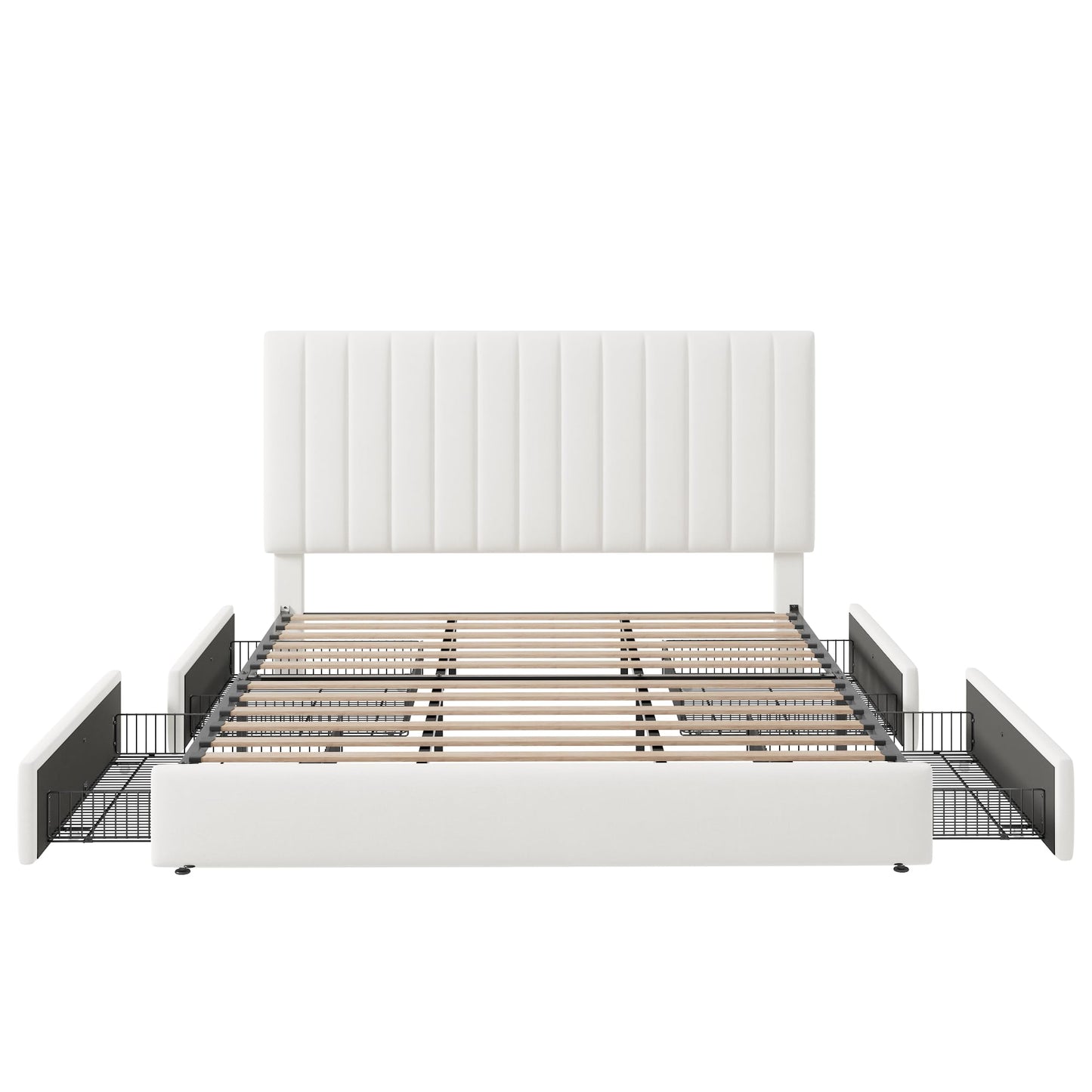 Allewie King Size Storage Bed Frame, Vertical Channel Tufted Adjustable Headboard, Velvet Upholstered Platform Bed with 4 Oversized Underbed Drawers, Wooden Slats Support, No Box Spring Needed, White