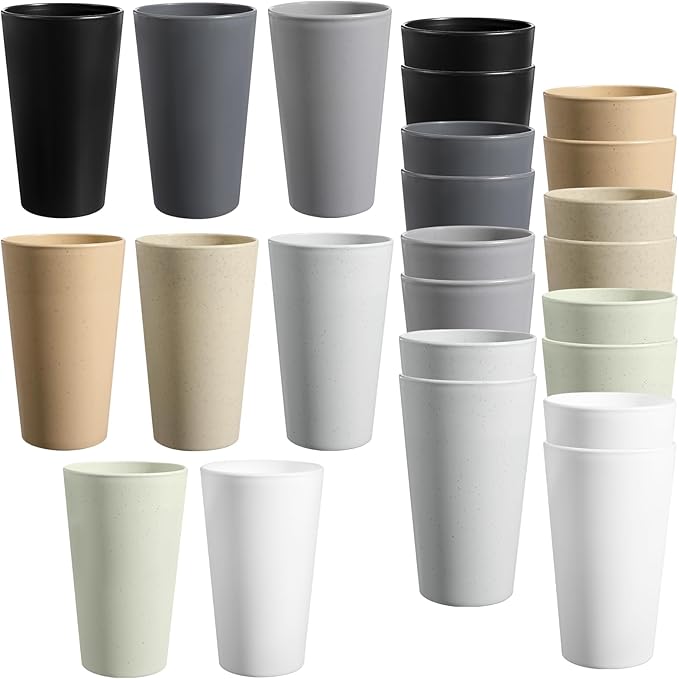 HEYCOME Set of 16 Wheat Straw Cups, 16 Pcs 20 oz Unbreakable Drinking Cups, Reusable Plastic Cups Sets, Water Glasses Tumblers, Microwave & Dishwasher Safe, Bpa Free, 8 Colors