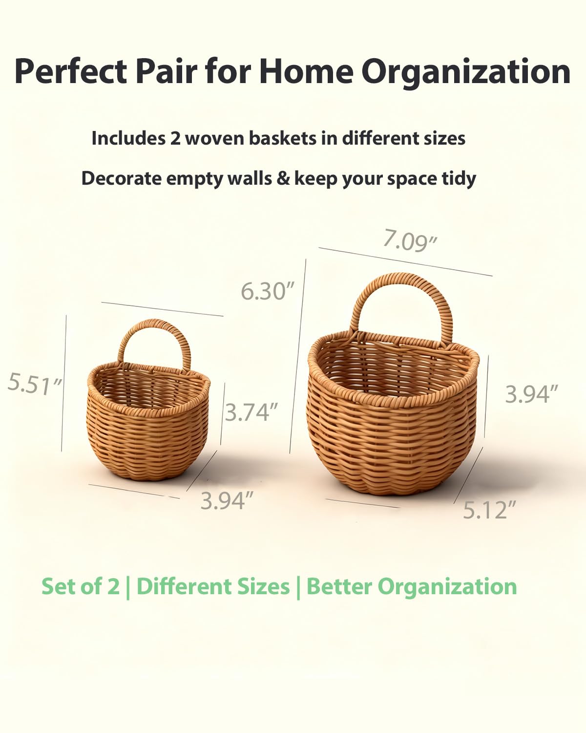 2 Pack Wall Hanging Rattan Baskets, Hand-Woven Storage Basket, Small Wall Hanging Baskets for Kitchen, Washable Decorative Basket, Potato Garlic Onion Storage Baskets