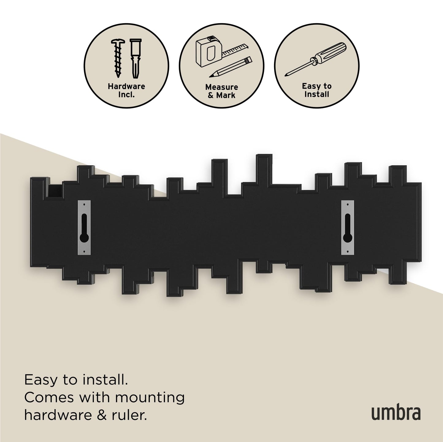 Umbra Sticks Wall-Mounted Coat Rack Rail Hook with 5 Retractable Pegs – Modern, Space-Saving Storage Organizer, Black