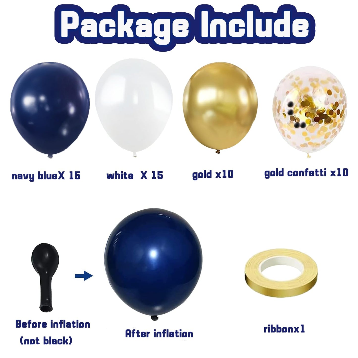 Zesliwy Navy Blue Gold Confetti Balloons Set,50pcs 12inch Royal Dark Blue Metallic Gold White Latex Balloons with Ribbon for Birthday Wedding Graduation Bridal Shower Party Decorations