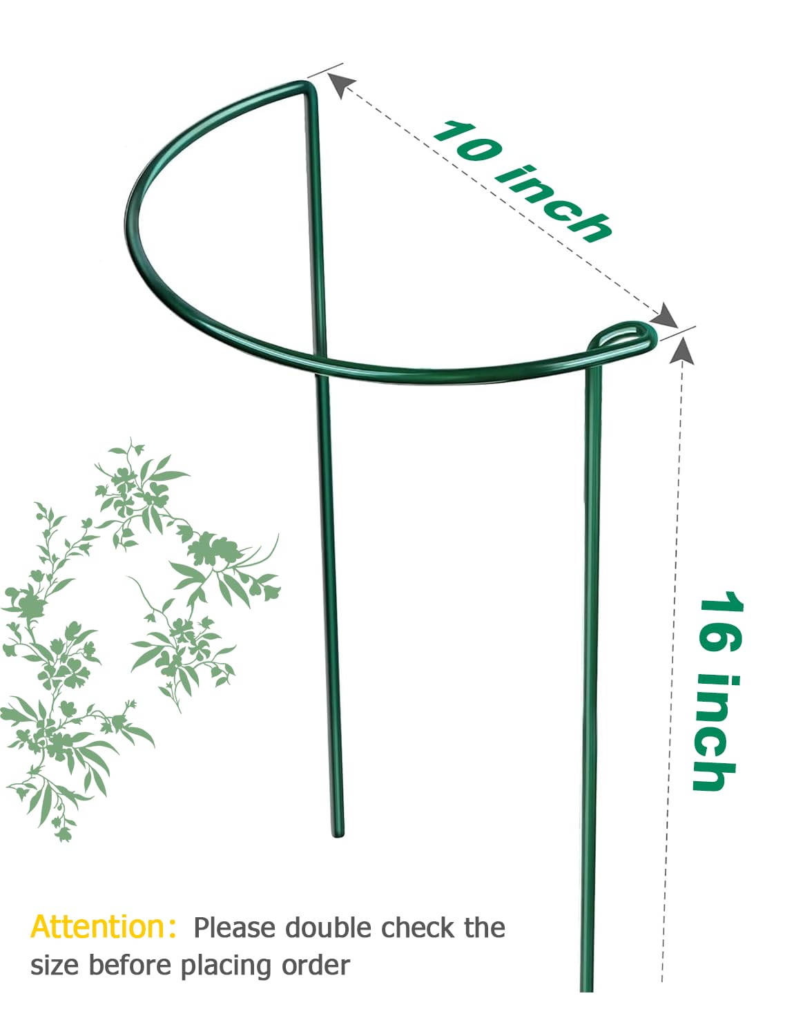 12 Pack Plant Support Stakes, 10" W x 16" H Metal Peony Cages and Supports, Green Half Round Garden Plant Support Ring for Outdoor Indoor Plants, Rose, Hydrangea, Tomato, Snake Plant