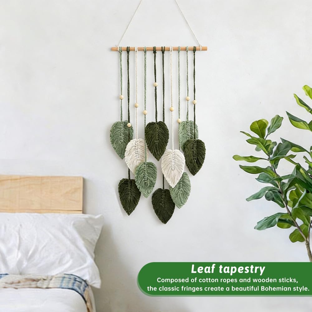 LORGVEXN Macrame Wall Hanging Leaves Tapestry, Handmade Woven Tapestry, Chic Yarn Tassels Leaf Wall Art Decor for Bedroom Living Room Office Apartment (green)