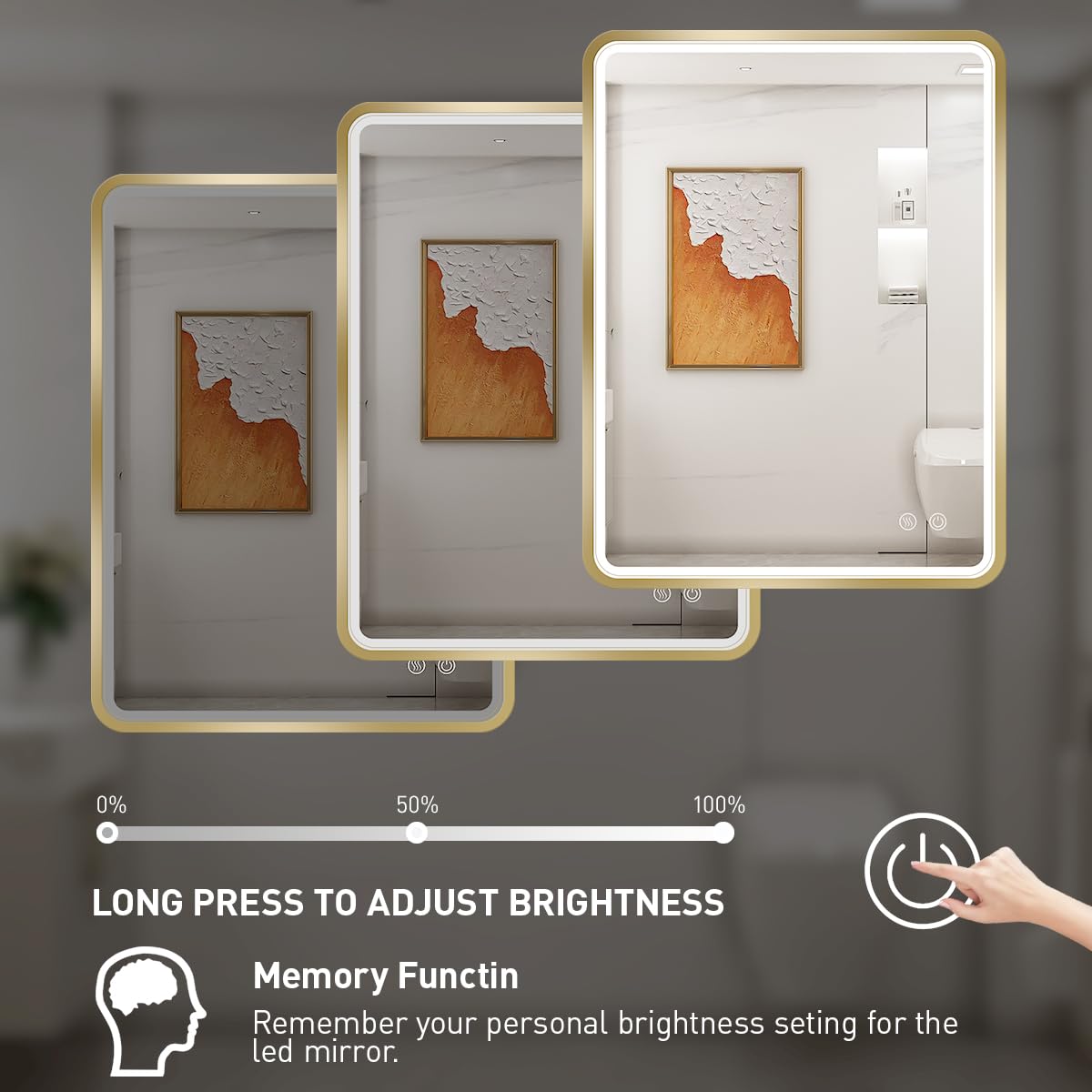 FTOTI 28x36 Inch LED Bathroom Mirror with lights,Wall Mounted Lighted Vanity Mirrors with Non-Rusting Gold Metal Frame Anti-Fog Memory Funtion Stepless Dimmable for Bathroom Decor(Horizontal&Vertical)