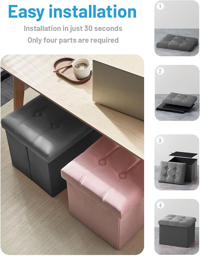 AmasSmile Storage Ottoman Foot Rest Stool, 17 inch Velvet Footstool Bench, Short Ottomans Stool, Small Folding Storage Ottoman Store Books, Records, Grey