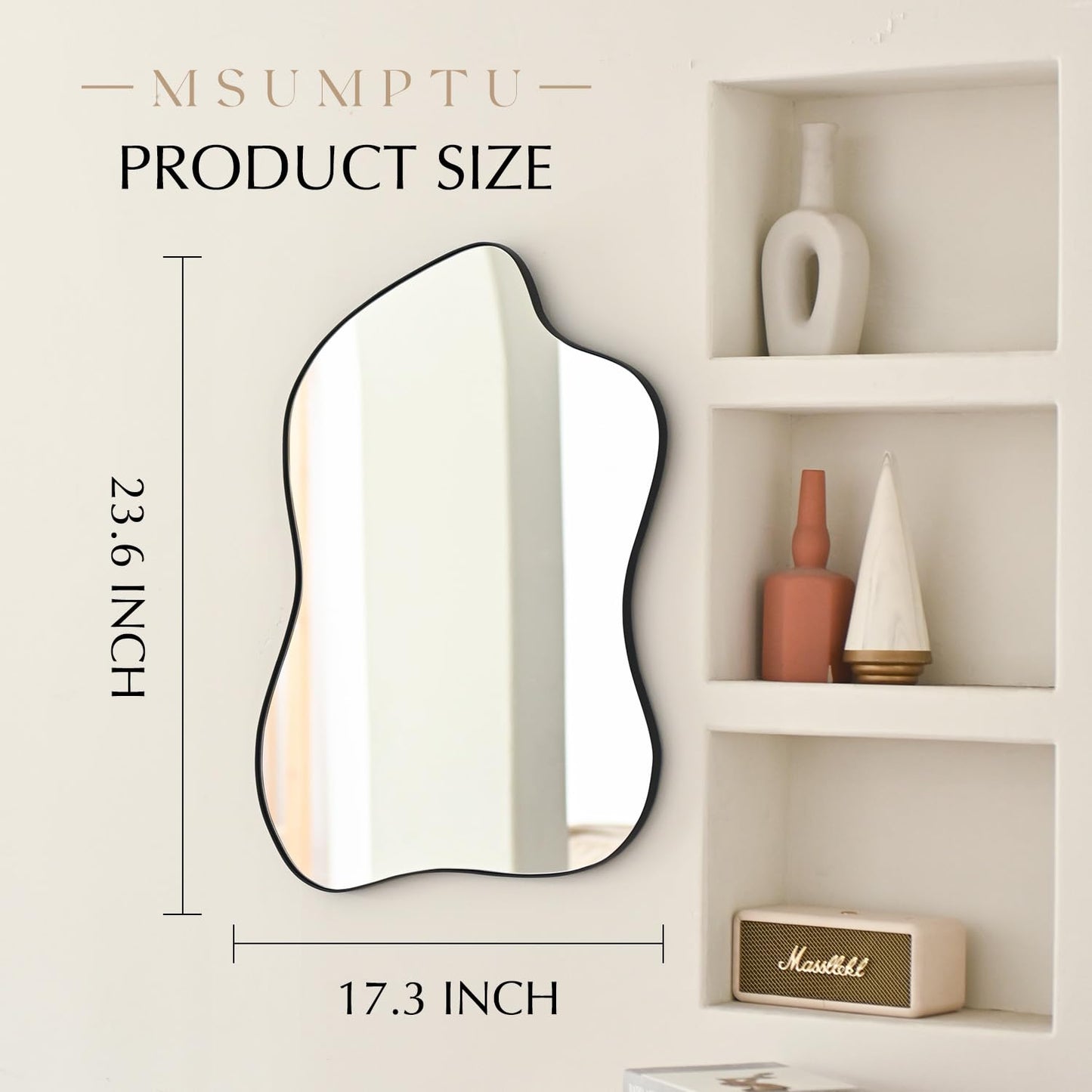 MSUMPTU Irregular Wall Mirror Black Wave Shaped Metal Framed Wall Mirror for Bathroom Bedroom Entryway Living Room Wall Decor 24" L x 18" W 2305B