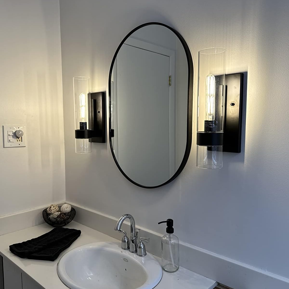 Hyperion house Indoor Wall Sconces Set of Two, Modern Black Bathroom Sconces Wall Decor with Cylinder Glass, Wall Lamps for Bedroom Hallway Vanity Kitchen Lighting Fixtures Set of 2