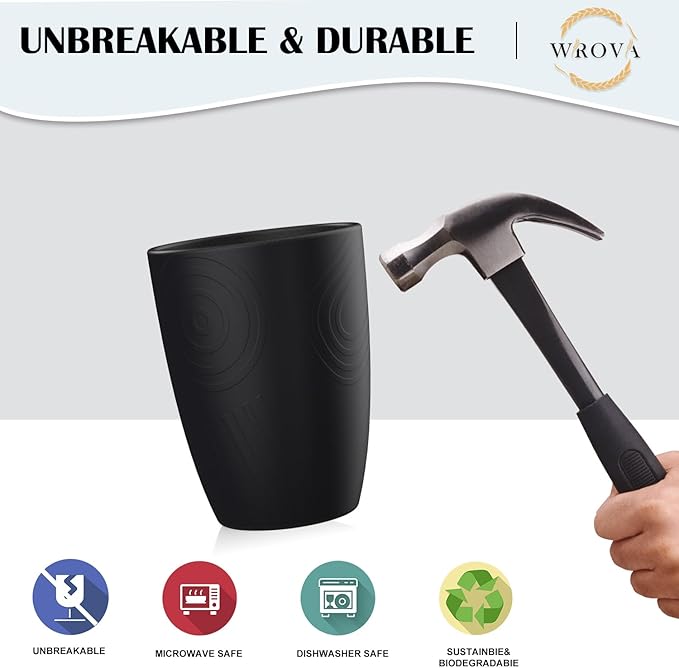 Wrova Wheat Straw Cups 8 PCS Good Alternative to Plastic Reusable Cups 12 oz Unbreakable Drinking Cup Reusable Dishwasher Safe Water Plastic Glasses Pure Black