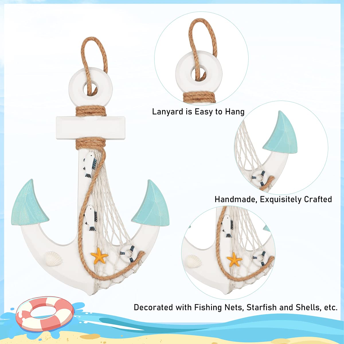 13" Nautical Wooden Anchor with Rope Nautical Beach Wood Anchor Wall Art Decor Door Hanging Ornament Beach Theme Home Decoration (White&Green)