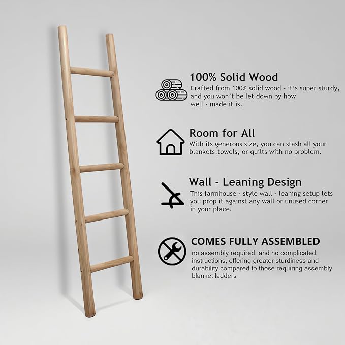 Wooden Blanket Ladder Natural & Motley Wood - Leaning Wall Decor for Bedroom, Bathroom, Living Room - Rustic Quilt Holder & Towel Rack (Natural Wood Color 57in, 57in | Fully Assembled)