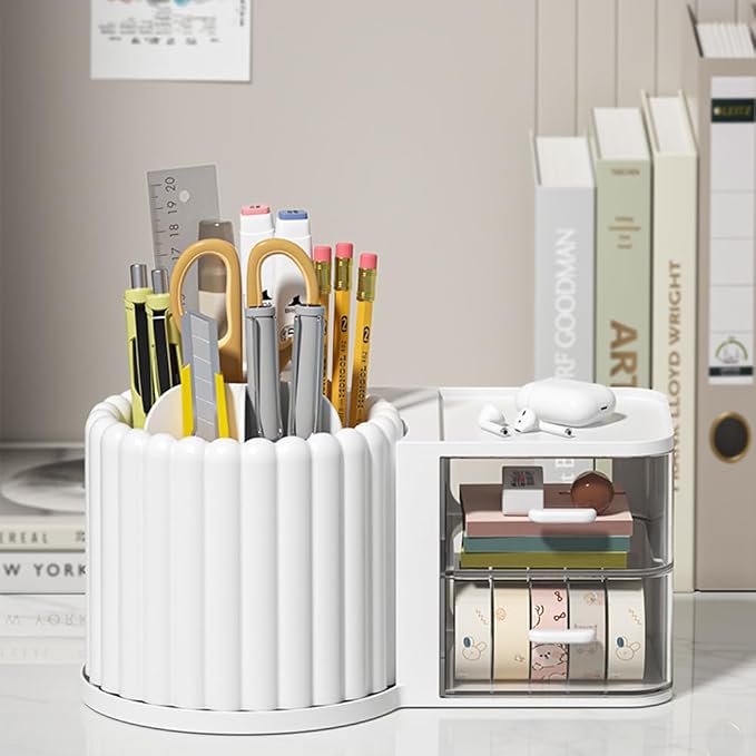Makeup Organizer Countertop, 360 Rotating Makeup Brush Holder with 2 Drawer Organizer, Small Preppy Kids Desk Organizer, 9.25x5.11 Inch, White