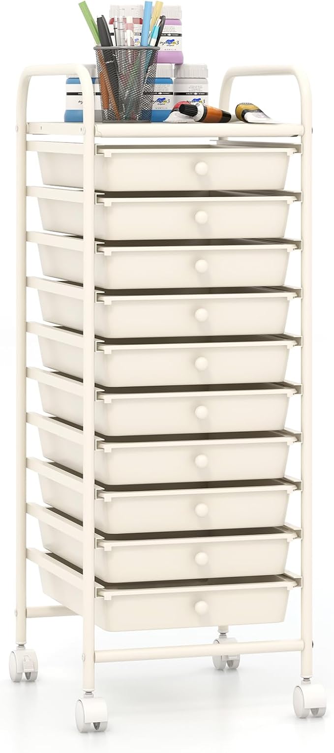 Giantex 10-Drawer Storage Cart w/Universal Wheel, Rolling Cart w/Handle, Home Organizer Storage Unit w/Removable Drawers, Trolley Utility Cart for Kitchen Makeup Living Room Office Play Room, Ivory
