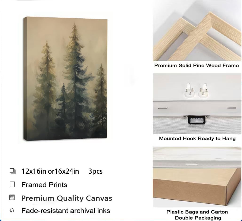 Foggy Forest 3 Piece Canvas Wall Art - Moody Pine Tree Misty Mountain Triptych - Framed Nature Greenery Landscape Prints - Large Modern Farmhouse Woodland Decor for Living Room Bedroom Office - Ready to Hang