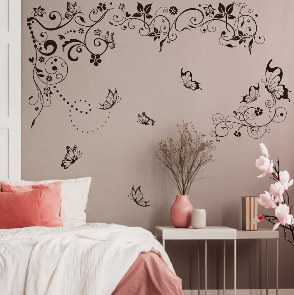 Runtoo Hanging Flower Vine Wall Stickers Black Floral Butterfly Wall Decals for Bedroom Living Room Home Decor