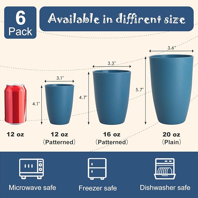 Wheat Straw Cups, Plastic Cups Reusable, Unbreakable Drinking Glasses Set of 6, Plastic Cups for Kitchen Camping Outdoor, 16 OZ Dishwasher Safe Tumblers & Water Glasses, Multi