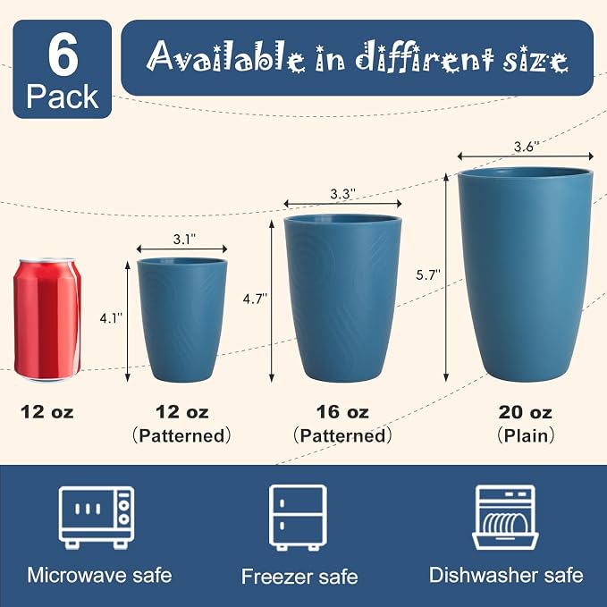 Wheat Straw Cups, Unbreakable Reusable Plastic Cup Set of 6, Lightweight Dishwasher Safe Kids Drinking Cups 12 OZ for Everyday Use, Kitchen, RV, Camping, Blue