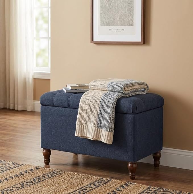 Spatial Order Home Decor | Upholstered Button Tufted Storage Ottoman | Hinged Lid Ottoman with Storage for Living Room & Bedroom | Decorative Home Furniture (Blue Woven Fabric)