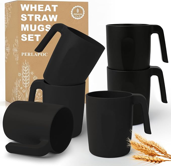 Wheat Straw Coffee Mugs 16 OZ, Unbreakable Drinking Cups with Handle Set of 6, Alternative to Plastic Reusable Coffee Cups, Microwave Safe & Dishwasher Safe Coffee Cup Set for Kichen, Black
