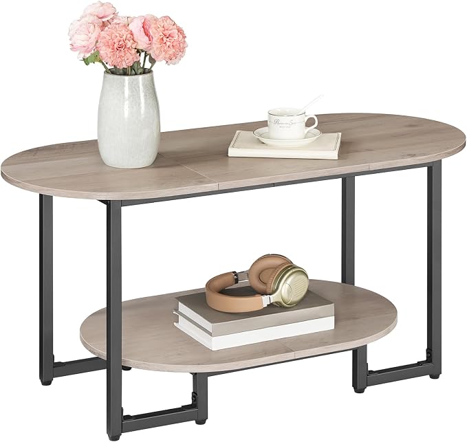 HOOBRO Coffee Table for Living Room, Oval Small Coffee Table with 2-Tier Open Storage Shelf, Industrial Cocktail Tea Table, Wooden Desktop Center Table, Farmhouse, Home Office, Greige BG09KF01