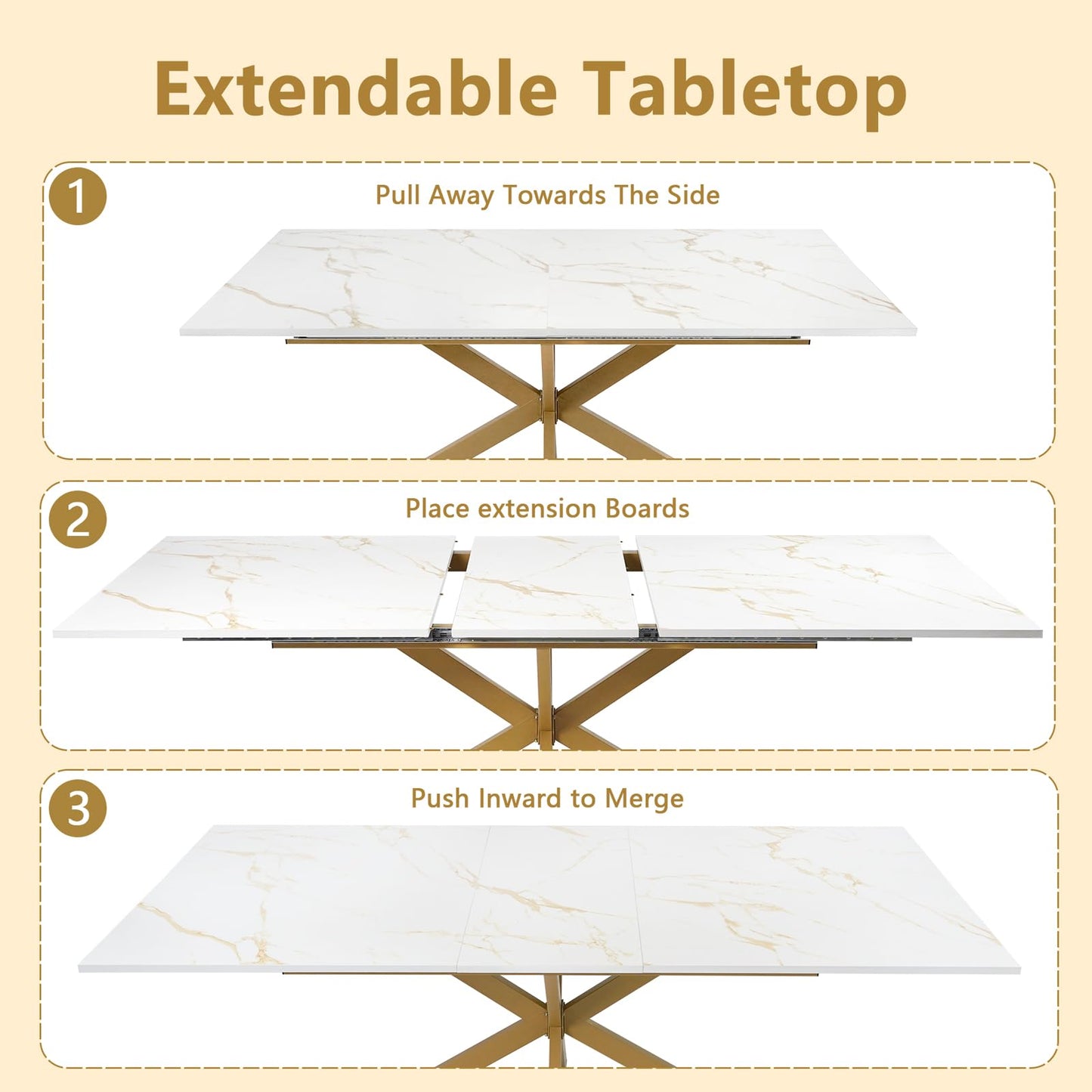 63"-79" Extendable Dining Table for 6-10 People, Modern Rectangle Extendable Kitchen Table with Gold Faux Marble Tabletop and Gold Metal Cross Legs for Restaurant/Dining Room/Kitchen/Living Room