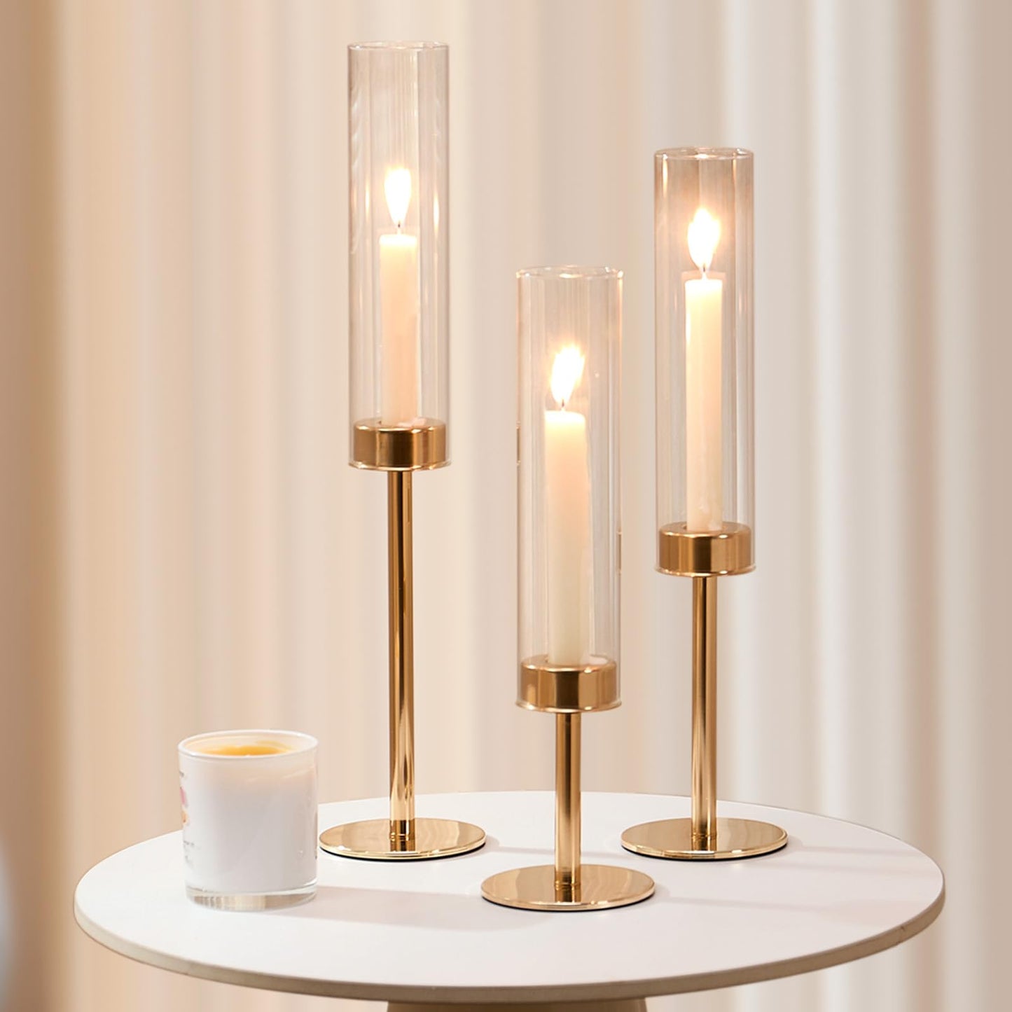 Gold Hurricane Candle Holders Set of 3, Tall Metal & Windproof Glass Taper Candle Holders, Brass Candlesticks Holder Decorations, Table Centerpieces for Weddings, Christmas, Parties, Fireplace Decor
