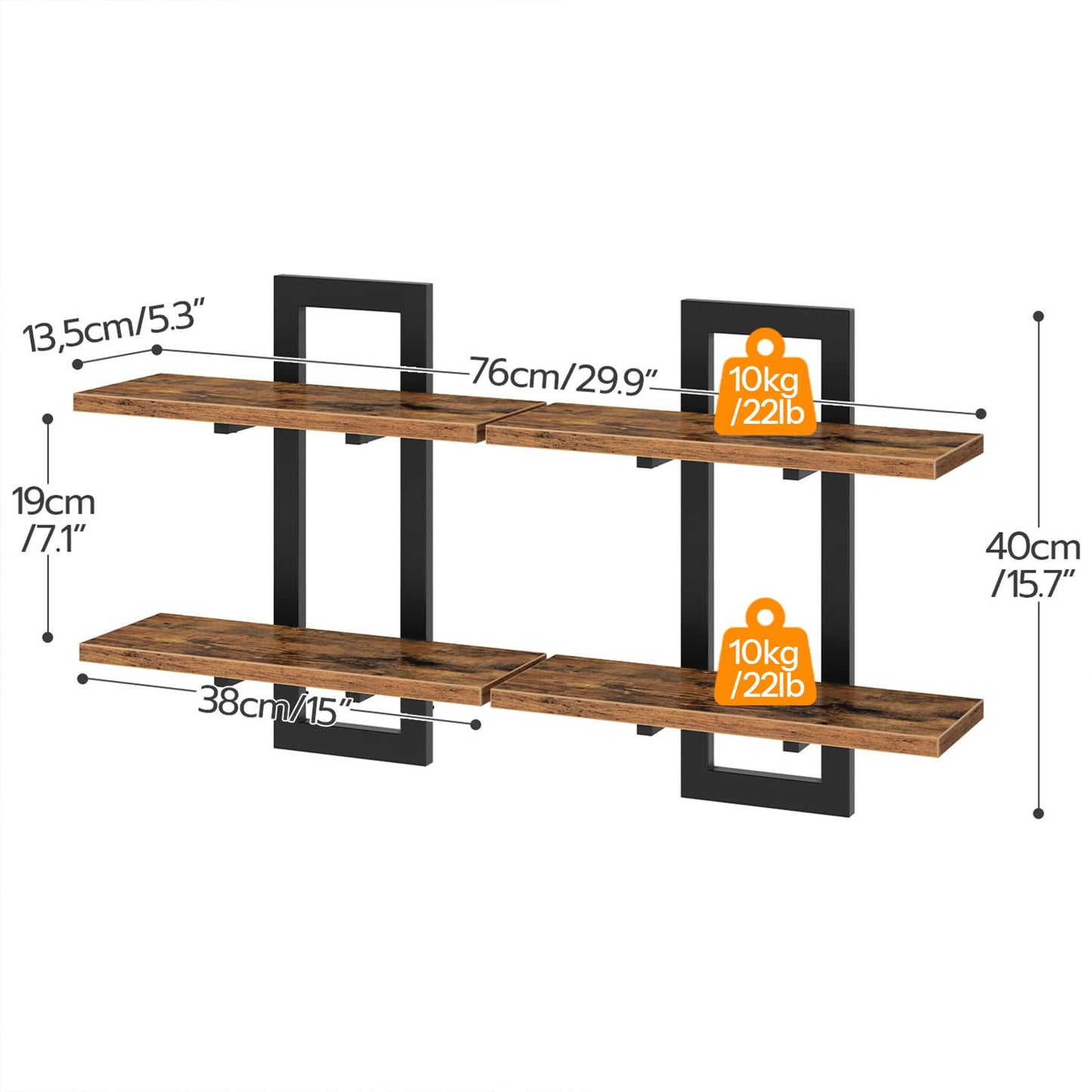 HOOBRO Floating Shelves, 15 Inch Wall Shelf Set of 2, Wall Mounted Storage Shelves 2-Tier, Hanging Bathroom Shelves, for Living Room, Bedroom, Bathroom, Kitchen, Rustic Brown and Black BF32BJ01G1