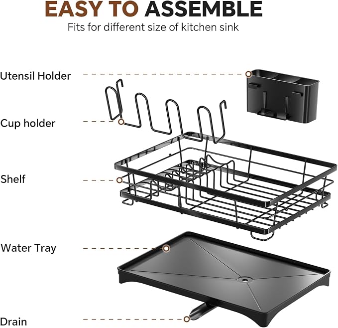 Simple Trending Dish Drying Rack for Kitchen Counter, Stainless Steel Dish Rack, Large Dish Drainer Organizer with Cutlery Holder & Cup Holders, Black