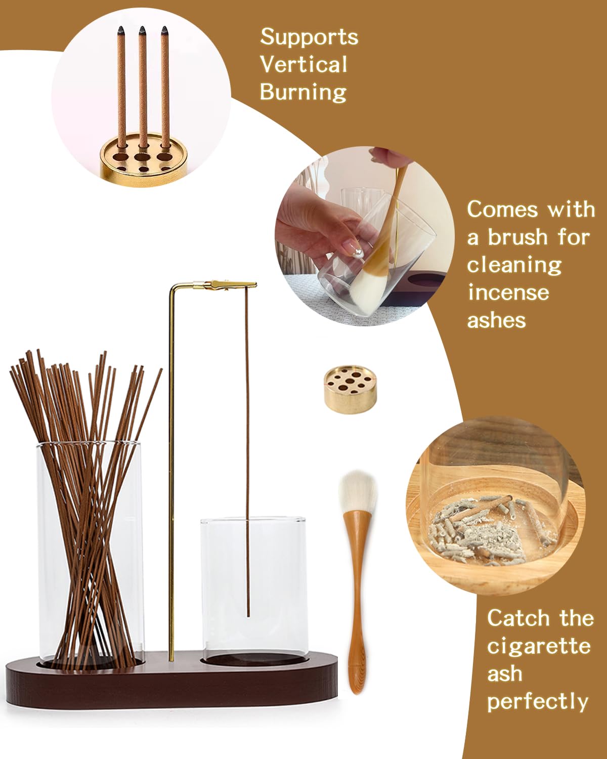 FTDENE Glass Incense Holder for Sticks, Hang Upside Down Incense Burner with Storage & Ash Catcher, Anti-Ash 2 in 1, Comes with Brush & Greeting Card, Meditation Yoga Home Decor Gift