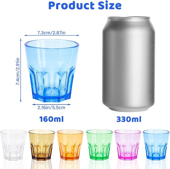 Plastic Drinking Glasses Set of 12, Unbreakable Coloured Water Tumbler, Acrylic Plastic Cups, Reusable Kids Drinking Cups for Children Kitchen Picnic Party Juice Whiskey Wine (12pc-6color-160ml/5.4oz)