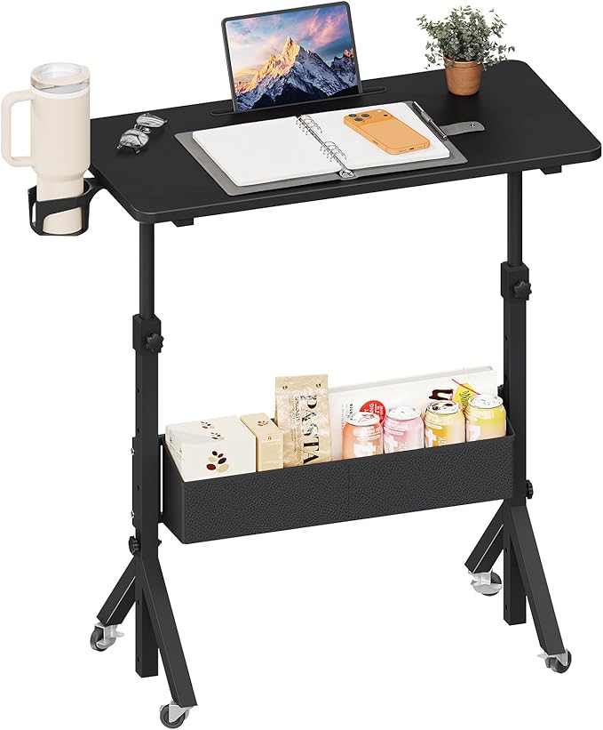 ErGear Mobile Standing Desk with Wheels, Adjustable Height 28.3″ to 46.1″, Rolling Laptop Cart with Cup Holder, Storage Basket, Computer & Pen Slot, Home Office Stand Up Desk, Black (31.5″ x 15.75″)