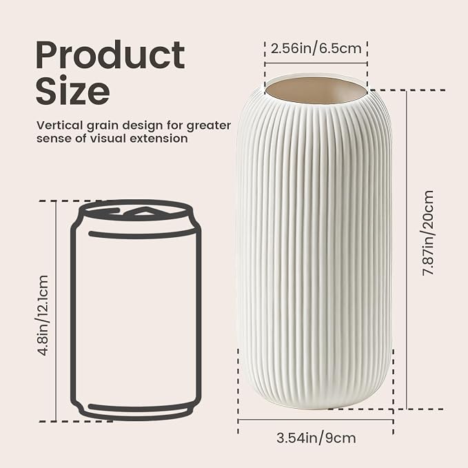 Bohemian White Ceramic Vase - for Pampas Grass, Mantel, Bookshelf, Entryway and Living Room Decor (White, 8in-Pill)