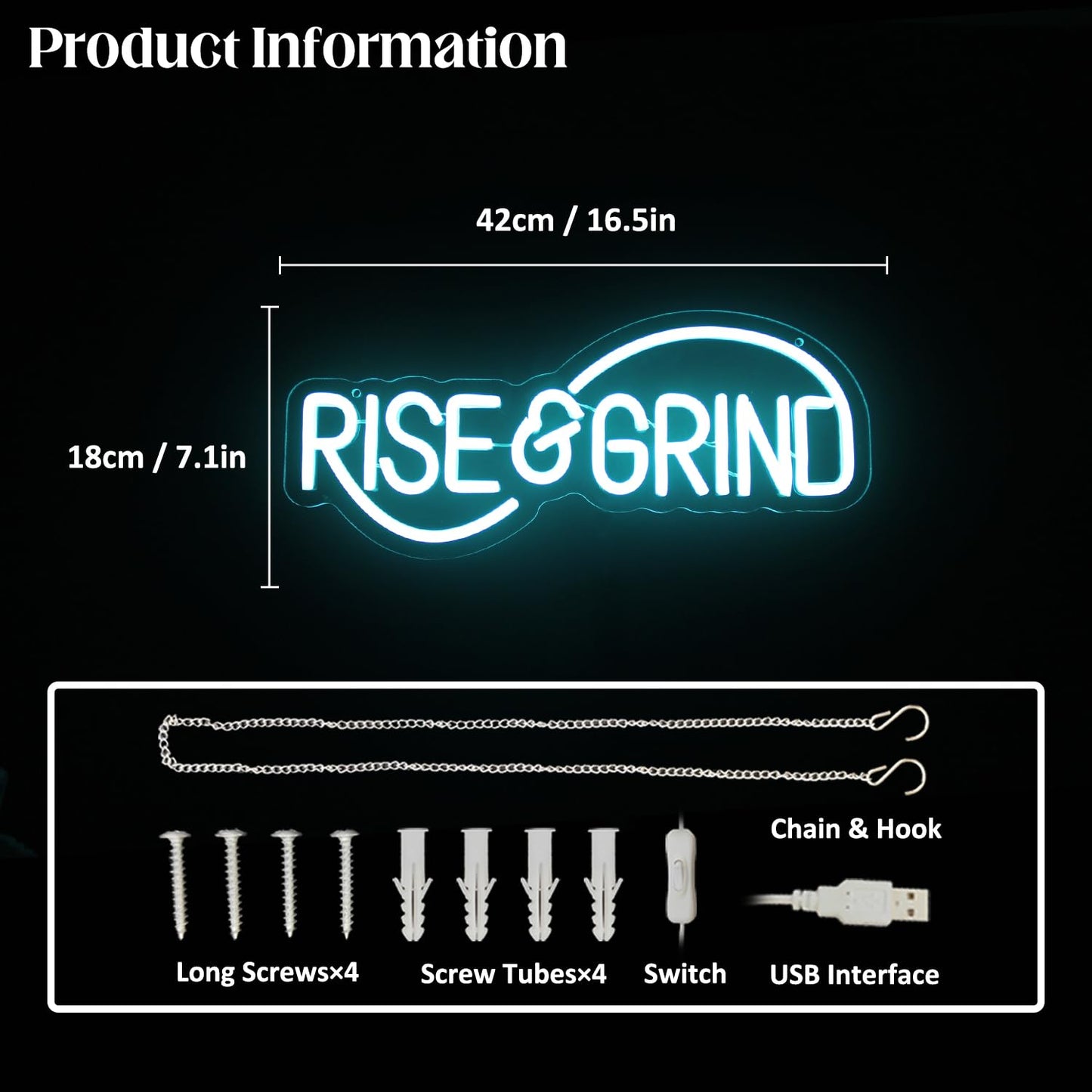 Rise & Grind Neon Sign Hustle LED Neon Signs for Wall Motivational Decor Ice Blue Letter Neon Light Inspirational Neon Wall Art Light Up Signs for Bedroom Office Gym Sports Room Man Cave Decor