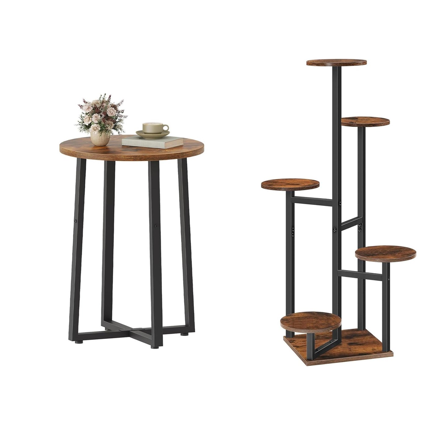 HOOBRO Side Table, Round End Accent Table with Sturdy Metal Frame, 5-Tier Corner Plant Stand Indoor, for Living Room, Bedroom, Balcony, Office BF95BZ01-BF05HJ01