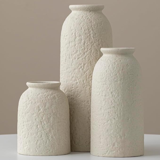 Large Decorative Ceramic Vase Set, 3 Pieces, Nordic Modern Boho Style, Berge Color, Modern Farmhouse for Home Decor (XL Beige Texture)