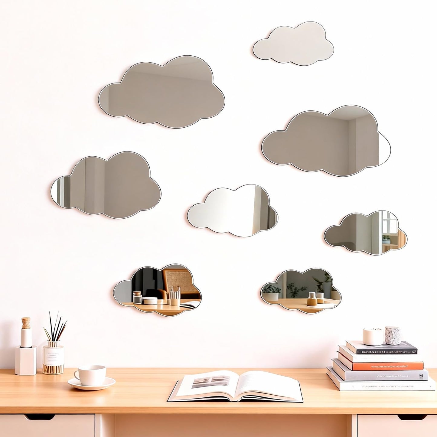8 Pcs 3D Acrylic Cloud Mirror Wall Stickers Decorative Self Adhesive Cloud Mirror Decals for Classroom Kids Bedroom Playroom Living Room Nursery Wall Decor