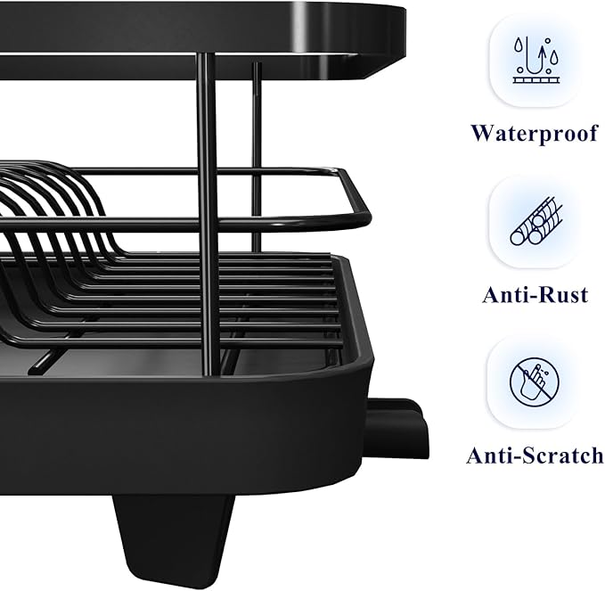 Kitsure Dish Drying Rack for Kitchen Counter, Stainless Steel Sink Organization and Storage Essentials with Cutlery Holder, Home and Appartment Decor, 12.2''W x 15.7''~23''L, Black
