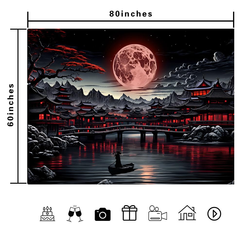 Ine Ive Japanese Landscape Tapestry Cool Red and Black Aesthetic Full Moon Mountain Riverside Wall Tapestries for Men 80x60inch Dark Nature Asian Japan Anime Art Poster for Bedroom Office Dorm Decor