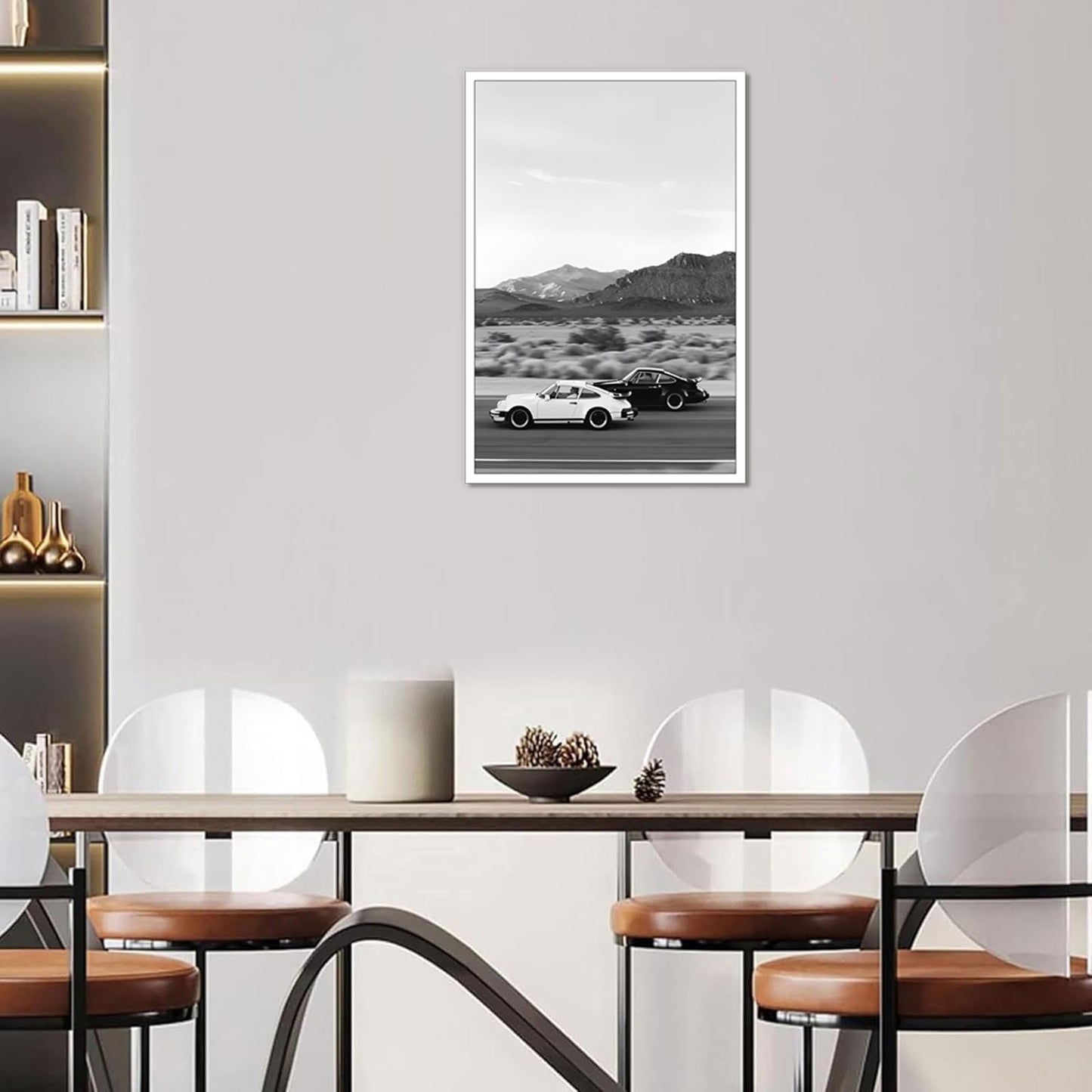 Retro Black And White Car Poster Supercar Canvas Wall Art Luxury Car Lover Sunset Mountain Landscape Aesthetic Prints Painting For Living Room Bedroom Great Garage Wall Decor 12x16in Unframed