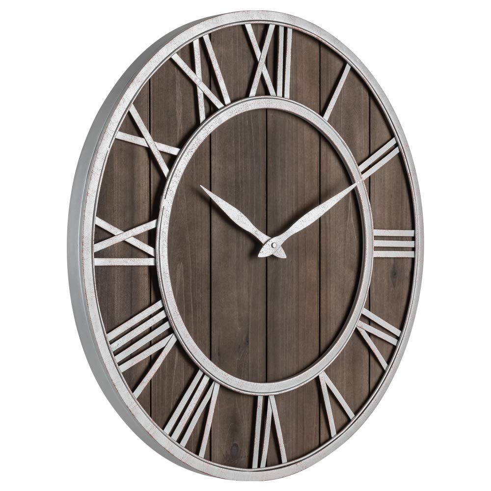 Oldtown Farmhouse Metal & Solid Wood Noiseless Wall Clock (Dark Brown, 30-inch)