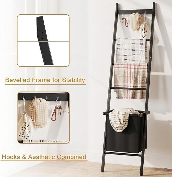 BAMBANG Bamboo Blanket Ladder with Basket, 5-Tier Quilt Rack Stand with 4 Hooks & Storage Hamper for Living Room Bathroom, Wall Leaning Decorative Ladder Shelf for Blankets Display (Black)