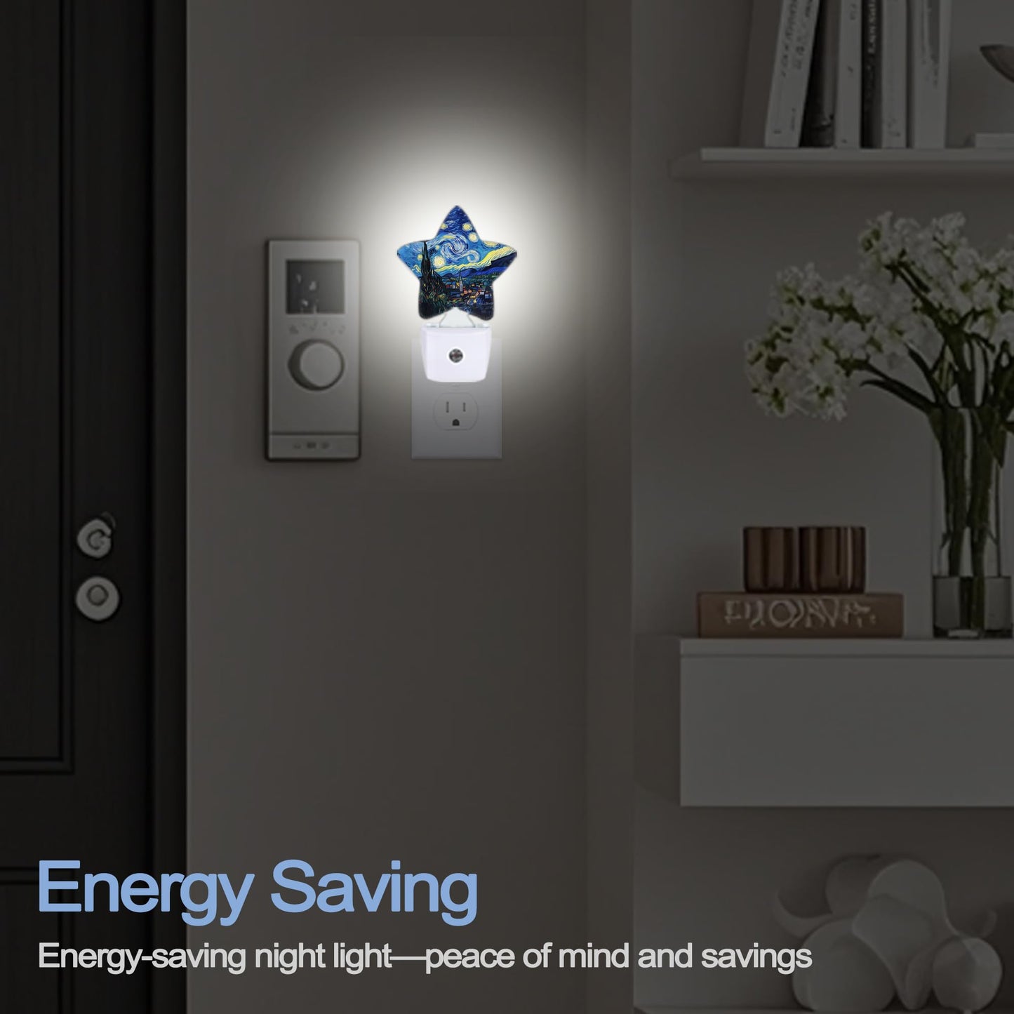 Night Light,Starry Night Plug into Wall with Dusk to Dawn Light Sensors,Abstract Oil Painting Warm Star Nightlights for Bedroom,Bathroom,Hallway,Kitchen Home Decor Desk Lamp