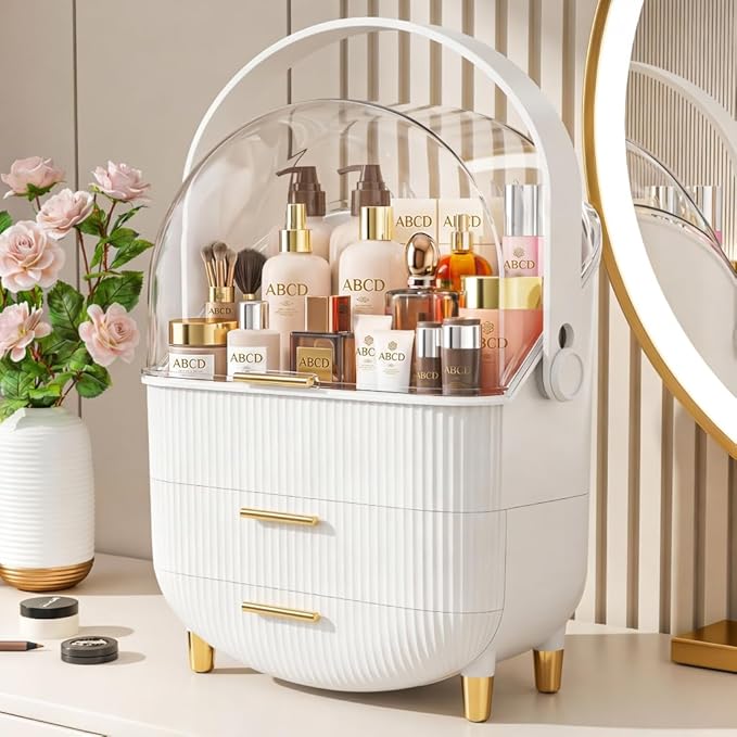 Makeup Organizer Skincare Organizers - Cosmetic Display Cases with Transparent Cover, SkinCare Organizers for Bathroom Countertop, Bedroom Vanity Desk, Lipstick Organizer, White
