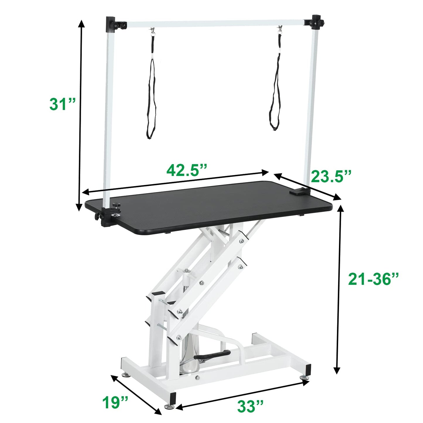 GDFStudio 42.5" Hydraulic Dog Grooming Table with Adjustable Arm & Noose, Heavy Duty Z-Lift Pet Grooming Table for Dogs at Home, Height Adjustable 21" to 36", 330LBS Capacity, White+Black