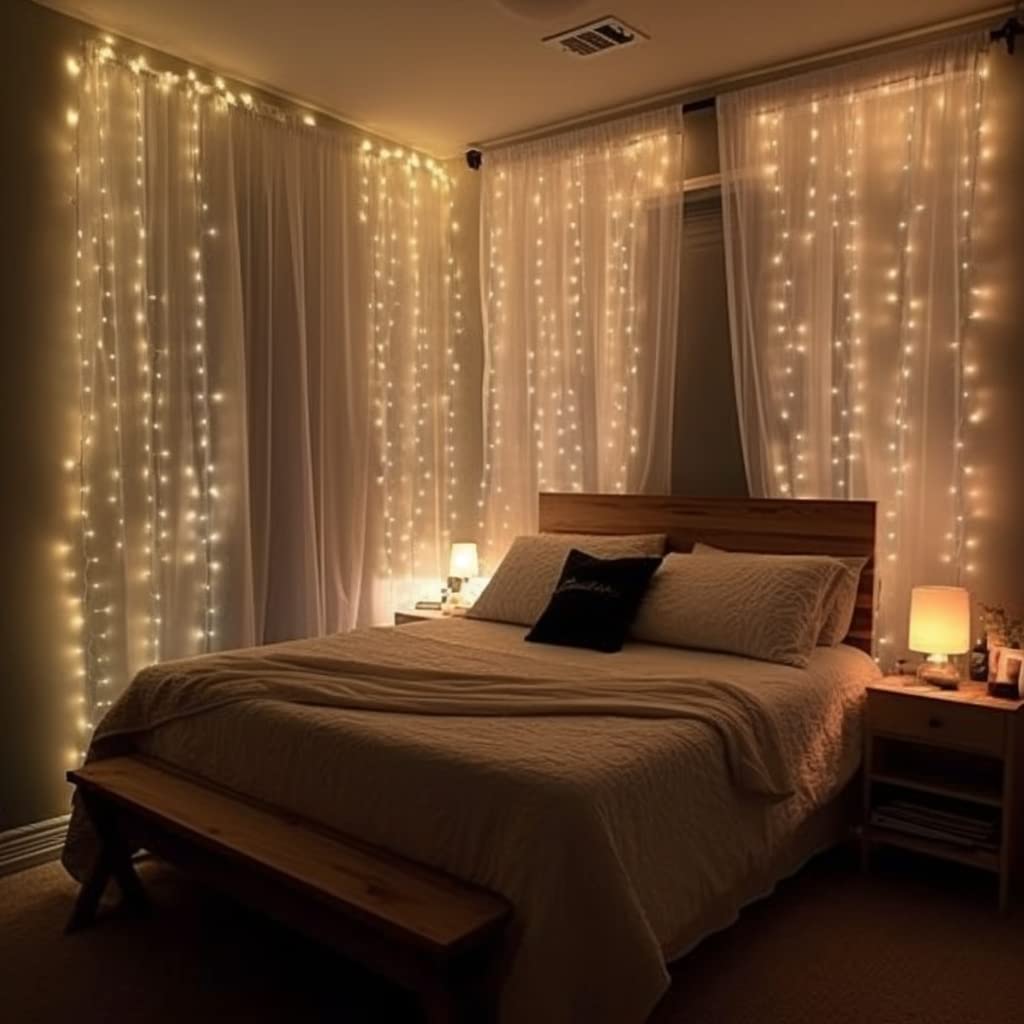 poripori 300 LED Curtain String Lights, Twinkle Fairy Lights for Bedroom with 8 Lighting Modes, USB Christmas Lights for Party Home Bedroom Indoor Wall Room Decor (Warm White)