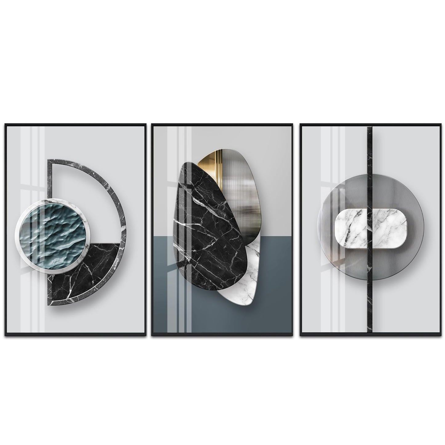 QKF 3 Pieces Modern Funky Wall Art For Living Room Geometry For Home Decoration Pictures Dark On Abstract Canvas Print Paintings Bedroom Bathroom Office Posters & Prints (Medium Size 16x24inch)