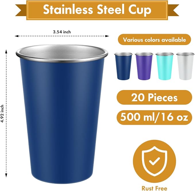 Mimorou 20 Pack 16 oz Stainless Steel Pint Cups Metal Cups Unbreakable Drinking Water Tumblers Stackable Tumbler for Adults Bar Home Restaurant Travel Picnic Camping Outdoor (Colorful)