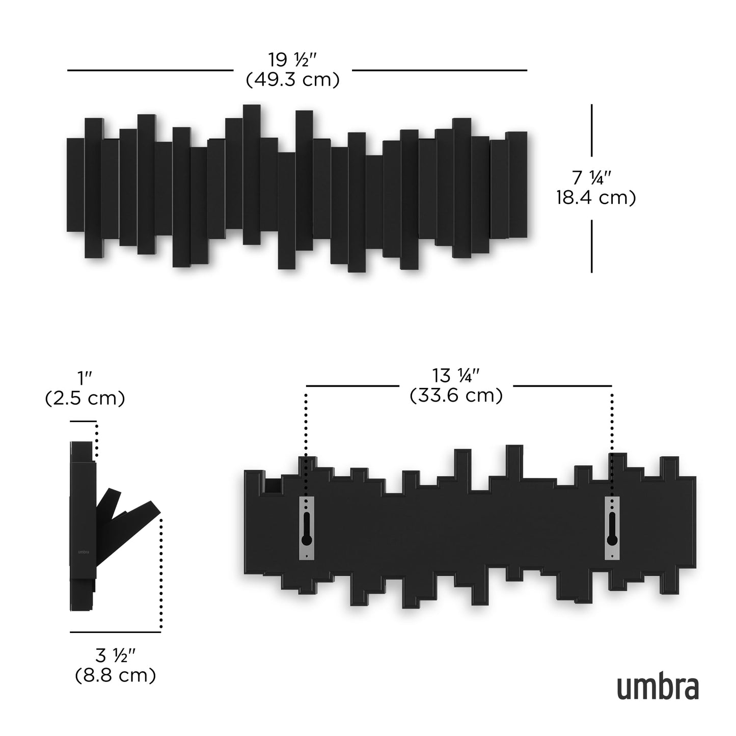 Umbra Sticks Wall-Mounted Coat Rack Rail Hook with 5 Retractable Pegs – Modern, Space-Saving Storage Organizer, Black