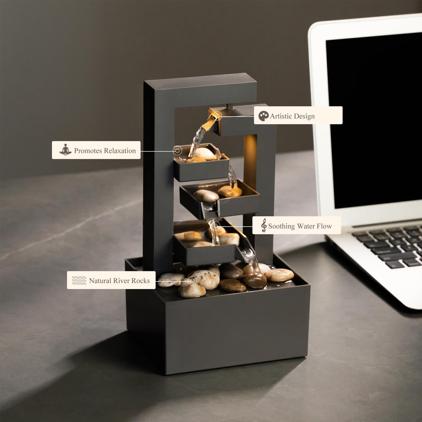 Puulye Desktop Waterfall Fountain Small- 9.65" Relaxation Tabletop Fountain with Soothing Sound for Office & Home Decor - Desktop Water Fountain Feature with Natural Stones